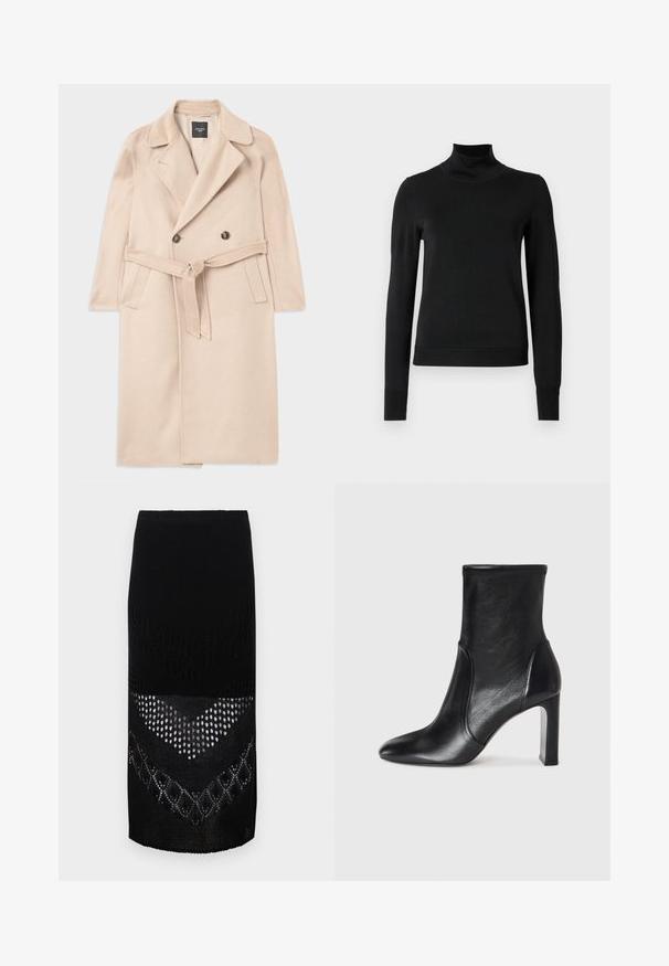 Bežový kabát z vlnenej zmesi s dvojradovým zapínaním, klopami, opaskom v páse a bočnými vreckami. Hladká textúra a stredná dĺžka.; Čierny dlhý rukáv rolák s rebrovanými manžetami a lemom, zobrazený na čistej bielej pozadí.; Čierna pletená sukňa so štruktúrovaným dizajnom s rôznymi vzormi, vrátane otvoreného tkania a pevných sekcií, dosahujúca tesne nad kolená.; Čierne kožené členkové čižmy s elegantným dizajnom, špicatou špičkou a vysokým blokovým podpätkom. Majú hladkú textúru a minimalistické švy.