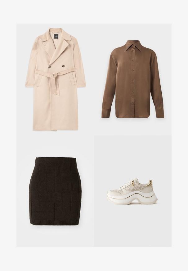 Bežinis vilnos mišinio paltas su dvigubai mygtukais, įpjovomis apykaklėmis, juosmens diržu ir šoninėmis kišenėmis. Lygi tekstūra ir vidutinio ilgio stilius.; Ruda ilgų rankovių marškiniai su sagomis ir smailiais apykakle bei rankogaliais, išdėstyti prieš paprastą baltą foną.; Rudas riebalų megzto mini sijono, su tekstūruotu austiniu raštu ir prigludusia liemeniu. Apdaila yra raštuota, kad pridėtų išsamumo.; Bežiniai ir auksiniai platforminiai sportbačiai su "MK" raštu, su raišteliais, auksine pakabuke ir storu banguotu padu, prieš paprastą foną.