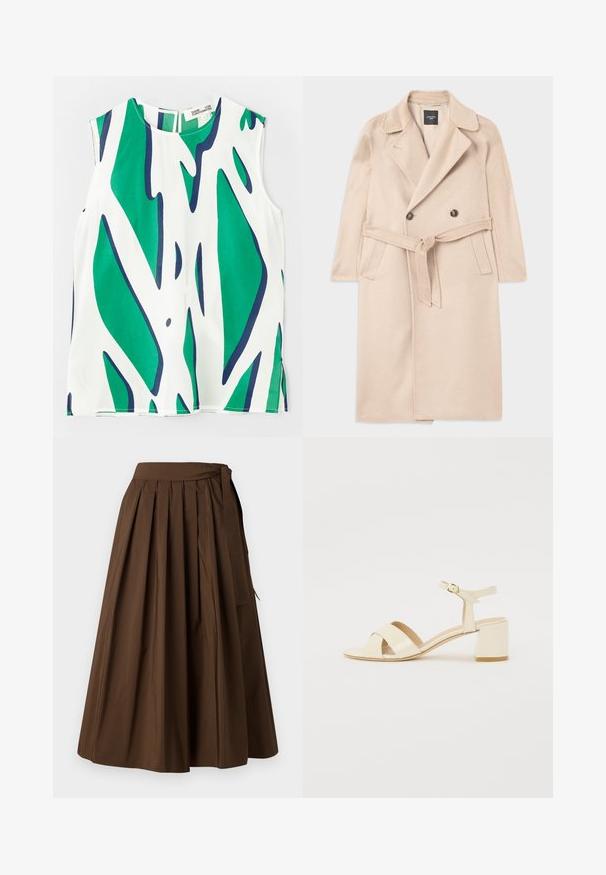 Beige gyapjú keverék kabát, dupla soros gombolással, kivágott hajtókákkal, derékpánttal és oldalsó zsebekkel. Sima textúrájú és középméretű fazon.; Ujjatlan felső könnyű anyagból, merész zöld és tengerészkék absztrakt mintával fehér háttéren. Kerek nyakkivágás, kulcslyuk hátul.; Barna frézelt szoknya sima textúrájú anyagból, magas derékkal és oldalsó megkötő részletekkel a zárásához.; Beige lakkbőr magassarkú szandál, kereszttartós kialakítással, nyitott orral, állítható bokapánttal és tömbsarokkal. Sima textúrával.