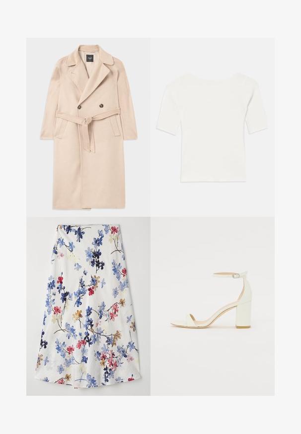 Beige ullblandat rock med dubbelknäppt design, slag och midjeband, samt sidfickor. Slät textur och medellång stil.; Vit ribbad kortärmad topp med vid halsringning. Texturen har vertikala ränder som betonar en tight passform och enkelt design.; Blommig midikjol i lätt tyg; med blå, röda och gula blommor på vit bakgrund; något utställd design med detaljer vid fållen.; Vit läder blockklack-sandalett med en ankelrem och spänne samt minimalistisk design. Öppen tå och släta ytor genomgående.