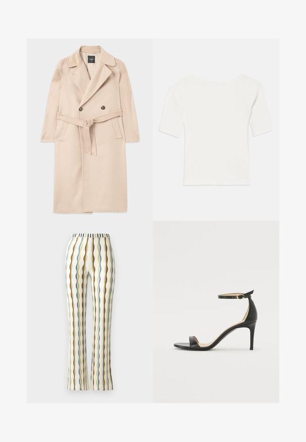 Beige wool blend coat with a double-breasted design, notched lapels, waist tie, and side pockets. Smooth texture and mid-length style.; White ribbed short-sleeve top with a wide neckline. The texture features vertical stripes, emphasizing a snug fit and simple design.; Flared trousers in a textured fabric with vertical stripes in blue, brown, green, and yellow colors, featuring a striped waistband.; Black leather high-heeled sandal with an ankle strap. Features a smooth texture, open toe, and a thin heel. Gold-toned buckle detail.