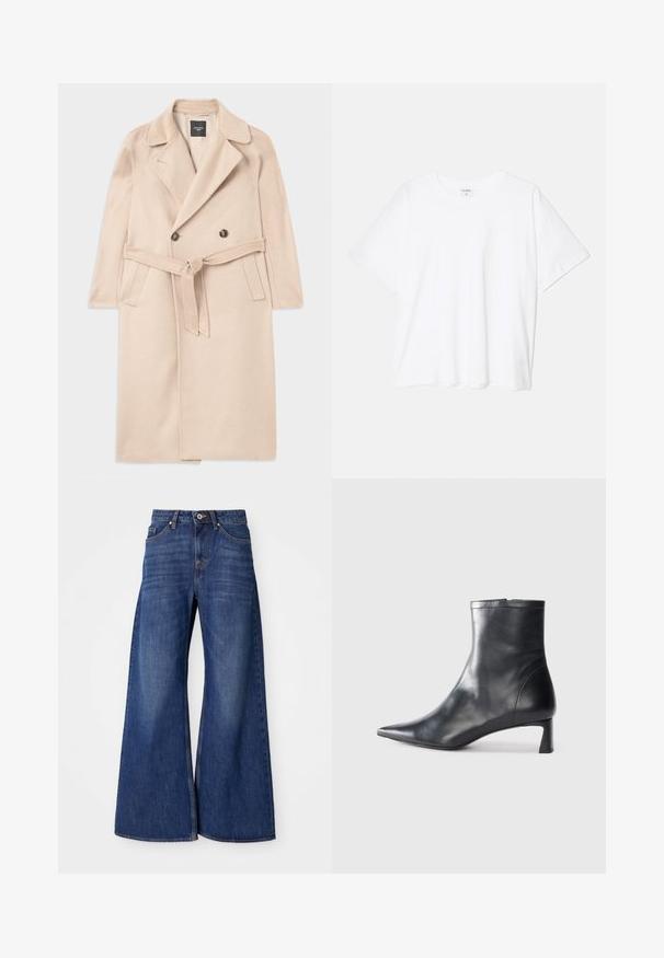 Μπεζ παλτό από μίγμα μαλλιού με διπλή μπροστινή τσέπη, με άνισες καπάκια, ζώνη στη μέση και πλαϊνές τσέπες. Λείος ιστός και μεσαίου μήκους στυλ.; Λευκό βαμβακερό μπλουζάκι με κοντά μανίκια, στρογγυλή λαιμόκοψή, χαλαρή εφαρμογή και ραμμένο στρίφωμα. Ετικέτα ορατή στο εσωτερικό του λαιμού.; Φαρδιές τζιν παντελόνες σε σκούρο μπλε, με κλασικό σχέδιο πέντε τσεπών, κούμπωμα με κουμπί και διακριτική εμφάνιση φθοράς κατά μήκος των μηρών.; Μαύρη δερμάτινη μπότες αστραγάλου με μυτερή μύτη και κομψό σχέδιο. Διαθέτει χαμηλό τακούνι και φερμουάρ στο πίσω μέρος. Λείο υφή.