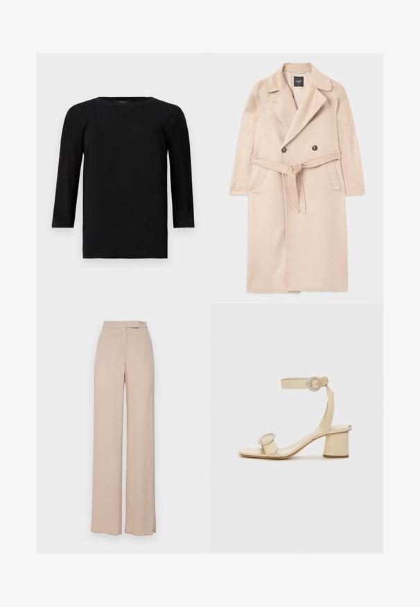Beige ullblandat rock med dubbelknäppt design, slag och midjeband, samt sidfickor. Slät textur och medellång stil.; Svart långärmad topp med rund halsringning, tillverkad av ett glatt, lättviktsmaterial. Har en avslappnad passform och rak fåll med minimala sömmar.; Beiga vida byxor gjorda av ett lätt material. Har en slät yta, framfickor och en subtil design på midjebandet.; Beige klacksandaler med fyrkantig tå, justerbar ankelrem och två runda spännen. Slät lädertextur och blockklack.