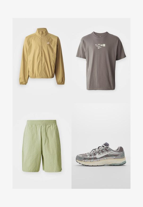 Chaqueta cortavientos beige claro con cuello alto, cremallera completa, puños elásticos, bolsillos laterales y un pequeño logotipo blanco en el pecho.; Camiseta de manga corta marrón con un logo "Nike" de color claro estampado en el frente, con un ajuste casual y relajado.; Pantalones cortos verde claro hechos de un tejido texturizado, con cintura elástica y bolsillos laterales. El diseño incluye un sutil patrón de gofre.; Zapatilla deportiva gris con parte superior de malla y ante, acentos blancos, suela acolchada y un diseño distintivo con elementos reflectantes.