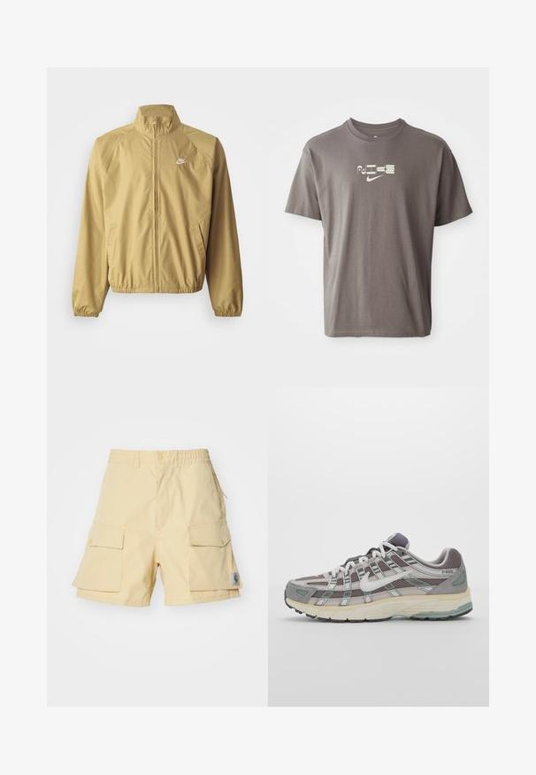 Lys tan vindjakke med ståkrave, fuld lynlås, elastiske manchetter, sidelommer og et lille hvidt logo på brystet.; Brun kortærmet t-shirt med et lysfarvet "Nike" logo trykt på forsiden, med en afslappet og løs pasform.; Gule cargo shorts lavet af letvægtsstof, der har to store sidelommer, en elastisk talje og et lille logo-patch på siden.; Grå sportssko med overdel i mesh og ruskind, hvide accenter, en polstret sål og et særpræget design med reflekterende elementer.