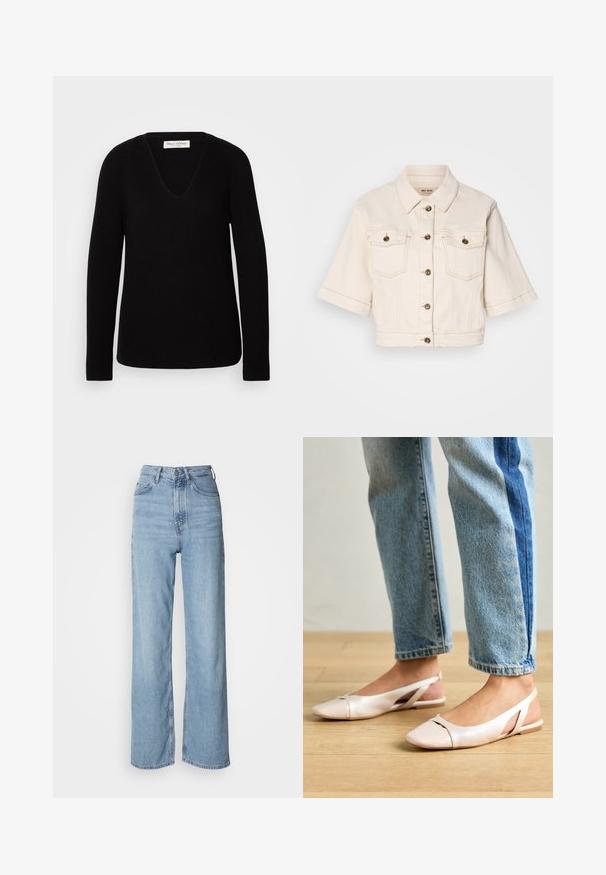 Beskuren beige denimjacka med korta ärmar, två bröstfickor, mässingsknappar och subtila sömdetaljer.; Svart stickad tröja med djup V-ringning, långa ärmar och ett strukturerat mönster. Enkelt design med ribbade detaljer vid ärmsluten och nederkant.; Ljust blå högmidjade jeans med rak ben, tillverkade av denim, med en framknäppning och subtila blekningar.; Ljust rosa slingback-lägenheter med spetsig tå, tillverkade av ett slätt läderliknande material. Har utskurna detaljer på sidorna och en platt häl.