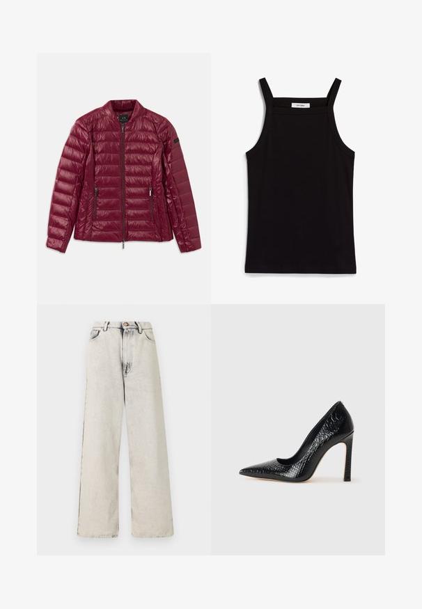 Burgundy padded jacket with a zip-up front, stand collar, two side pockets, and smooth, shiny nylon texture. Horizontal quilted design.; Black tank top with thin spaghetti straps, made of a ribbed fabric, featuring a straight cut and a label at the neckline reading "IVY OAK."; Wide-leg jeans in a light beige color with faded, distressed accents. Features five pockets and a metal button closure at the waist.; Black pointed-toe high heel shoe with a crocodile-skin texture, featuring a sleek design, high stiletto heel, and smooth black interior.