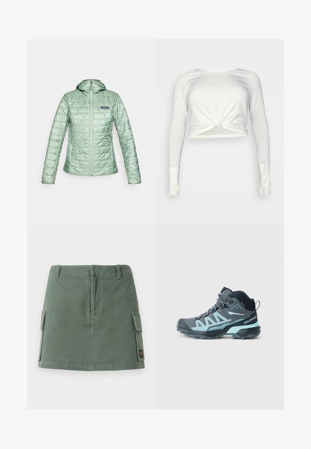 Lys grøn, quiltet dunjakke med hætte, frontlynlås og sidelommer. Tekstureret overflade med logo på øverste venstre bryst.; lululemon SWIFTLY TECH LONG SLEEVE - Langærmet T-shirt - white/white; Grøn denimnederdel med en tætsiddende talje, to sidelommer og et mærke nederst til højre. Glat tekstur med en subtil glans.; Mellemhøj hiking sko i mørkegrå med lyseblå accenter. Har en tekstureret overdækning, forstærket tå og en robust ydersål for bedre greb.