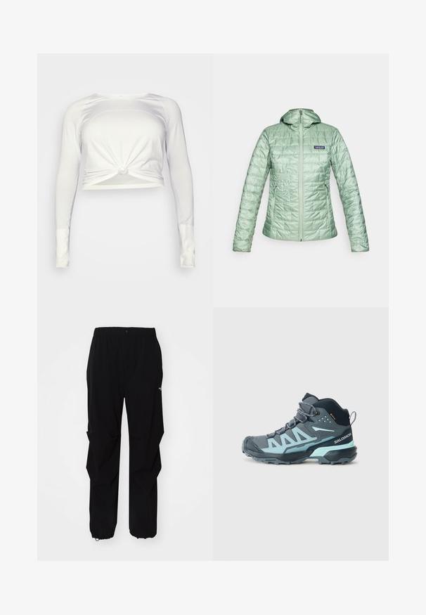 Lys grøn, quiltet dunjakke med hætte, frontlynlås og sidelommer. Tekstureret overflade med logo på øverste venstre bryst.; lululemon SWIFTLY TECH LONG SLEEVE - Langærmet T-shirt - white/white; Sorte udendørsbukser lavet af slidstærkt materiale, med en afslappet pasform, elastisk talje og tilpassede lukninger ved anklerne for justerbar længde.; Mellemhøj hiking sko i mørkegrå med lyseblå accenter. Har en tekstureret overdækning, forstærket tå og en robust ydersål for bedre greb.