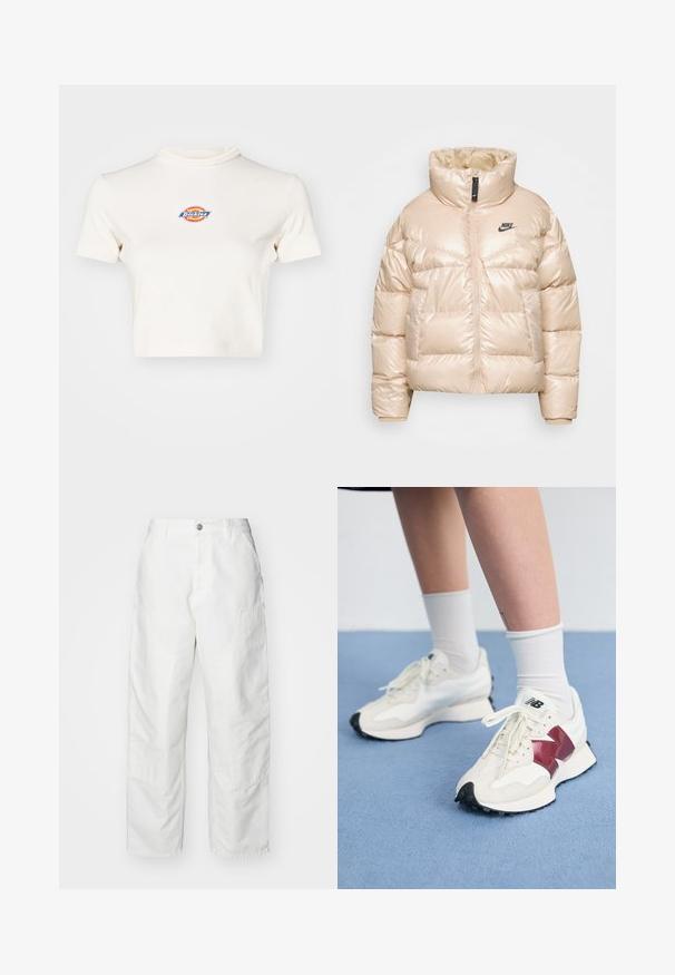Švarkas pūkų tipo šviesiai béžinės spalvos, pagamintas iš blizgaus medžiagos. Turi aukštą apykaklę, užtrauktuką ir juodą Nike logotipą krūtinėje.; Kreminės spalvos trumpa marškinė su aukštu kaklu, trumpomis rankovėmis ir apvaliu logotipu, kuriame parašyta "Dickies" mėlyna, raudona ir geltona spalvomis.; Balti džinsiniai cargo kelnės, turinčios laisvą siluetą, šonines kišenes ir matomus siuvimo detales. Paprastas priekinis dizainas su mygtuko uždarymu.; Balti sportbačiai su bordo akcentais, tekstūriniais paviršiais, plokščiomis juodomis pado dalimis ir šviesiomis raišteliais, dėvimi su baltais kulkšnų ponoškais.