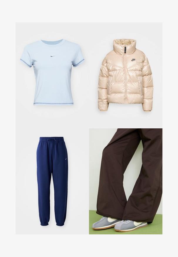 Puffjacka i ljusbeige, tillverkad av glänsande material. Har hög krage, dragkedjestängning och svart Nike-logotyp på bröstet.; Ljusblå bomulls-t-shirt med rund neck, korta ärmar och en liten svart Nike-logotyp på bröstet; har kontrasterande sömnad längs ärmarna.; Mörkblå sweatpants i mjukt tyg, med elastisk midja och dragsko, elastiska fickor och en liten vit logotyp.; Bruna vidbenade byxor med slät textur och sidofickdetaljer, i kombination med grå och vita retro-stil sneakers med gummisula.