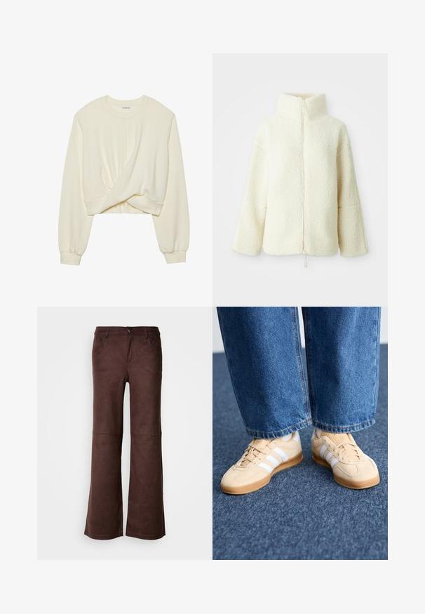 Krējuma krāsas vilnas jaka ar augstu apkakli, pilnu priekšējo rāvējslēdzēju, nolaižamām plecu daļām un mīkstu, teksturētu virsmu.; Krēmveida, apgriezts sporta krekls ar garām, pieguļošām piedurknēm. Priekšpusē ir griezuma detaļa un ribota apakšmala. Mīksta, gluda tekstūra.; Brūnas platās bikses no mīksta, zamšveida auduma. Tās ir aprīkotas ar četrām kabatām, pogām un gludu, teksturētu virsmu.; Bēša zamšsneakeri ar baltām svītrām, gumijas zole un apaļa purngala forma. Apvienoti ar brīviem džinsu biksēm, kas parāda taisnu kāju un zilu audumu.