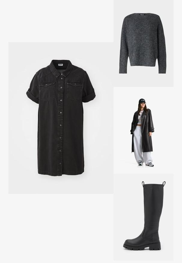 Musta nahkatrenssi, jossa on kaksirivinen etuosa, suuret kaulukset, vyö vyötäröllä ja nappireunat. Sileä pinta.; ONLY ONLMOON LIFE SLIT - Neule - dark grey; Mustassa farkkupaidassa on lyhyet käännetyt hihat, kaksi rintataskua, napitus edessä ja suora siluetti.; Musta polvipitkä saapas, joka on valmistettu sileästä nahasta, paksupohjaisella ja kevyellä korokkeella. Varustettu vetonauhoilla ja joustavilla sivupaneeleilla helppoa pukeutumista varten.; Mustan synteettisen nahkan käsilaukku, jossa on kaareva muoto, lyhyt kahva, vetoketjukiinnitys ja hienovarainen tekstuuri pinnassa.