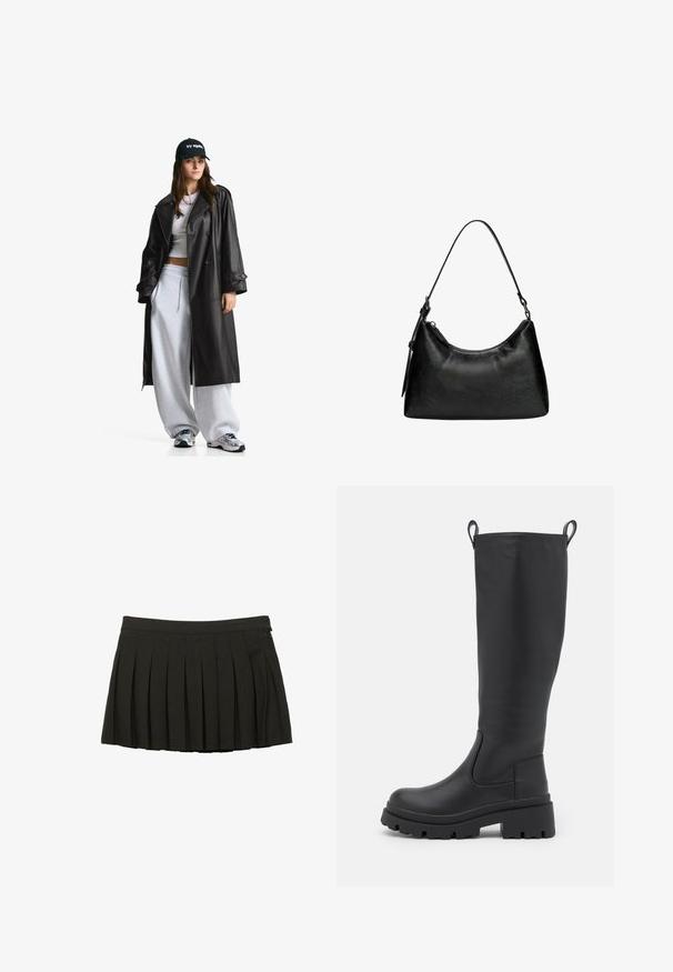 Czarny skórzany płaszcz trencz z podwójnym zapięciem, dużymi klapami, paskiem w talii i mankietami zapinanymi na guziki. Gładka faktura.; ONLY ONLMOON ciemnoszary melanż; Czarna, plisowana mini spódnica z dopasowanym paskiem w talii i zamkiem błyskawicznym z boku, wyeksponowana na białym tle.; Czarne, sięgające do kolan botki z gładkiej skóry, z masywną podeszwą i niewielkim obcasem. Posiadają uchwyty do zakupu oraz elastyczne boczne panele, co ułatwia ich zakładanie.; Czarna torebka z syntetycznej skóry o zaokrąglonym kształcie, z krótkim uchwytem, zamykana na zamek błyskawiczny, z delikatnym teksturowanym wzorem na powierzchni.