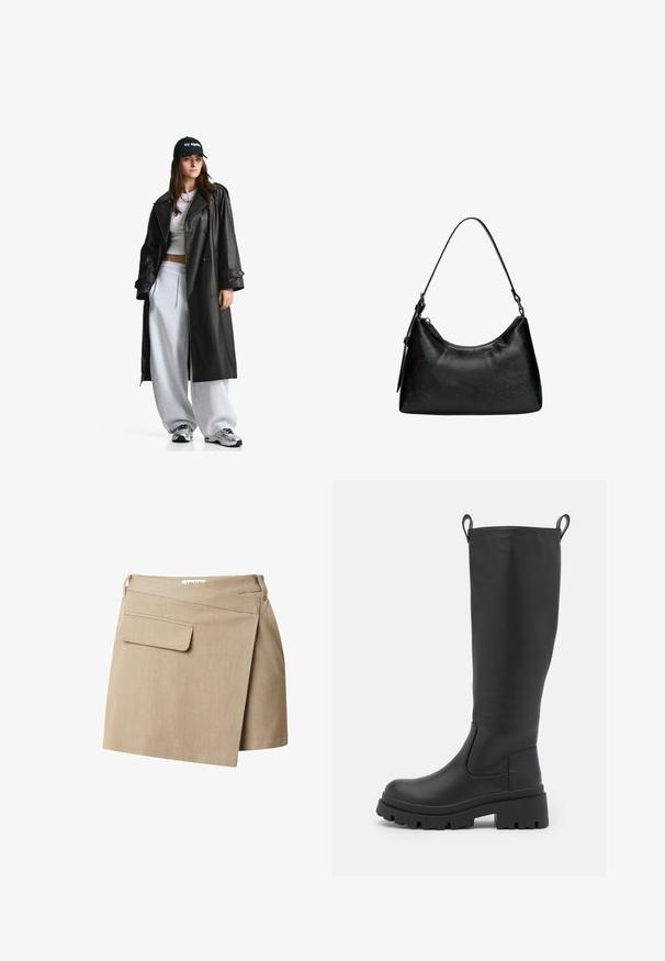 Zwarte leren trenchcoat met een dubbelknoopsluiting aan de voorkant, grote revers, riem in de taille en knoopmanchetten. Glad materiaal.; ONLY ONLMOON LIFE SLIT - Trui - dark grey; Beige wikkelrok van soepel materiaal, met een zijzak, strakke lijnen en een korte lengte met een subtiele textuur.; Zwarte kniehoge laars van soepel leer met een chunky zool en een lichte hak. Voorzien van trekbanden en elastische zijpanelen voor gemakkelijk aan- en uittrekken.; Zwarte synthetische leren handtas met een gebogen vorm, korte handgreep, ritssluiting en een subtiel textuurpatroon op het oppervlak.