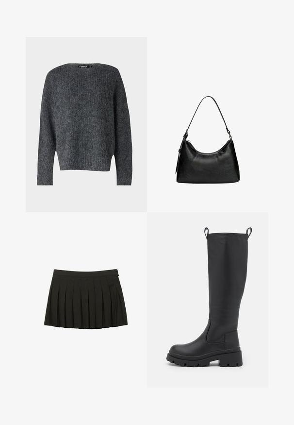 Črn usnjen plašč z dvojnim zapenjanjem spredaj, velikimi klapami, pasom in zapenjanjem manšet. Gladka tekstura.; ONLY ONLMOON LIFE SLIT - Pulover - dark grey; Črna nabrana mini krila s prilegajočim pasom in stranskim zadrgo, prikazana na beli podlagi.; Črne škornje do kolen iz gladke usnja z masivnim podplatom in rahlim peto. Imajo zanke za potegniti in elastične stranske panele za enostavno obuvanje.; Črna sintetična usnjena torbica s ukrivljeno obliko, kratko ročico, zapiranjem na zadrgo in subtilnim teksturiranim vzorcem na površini.