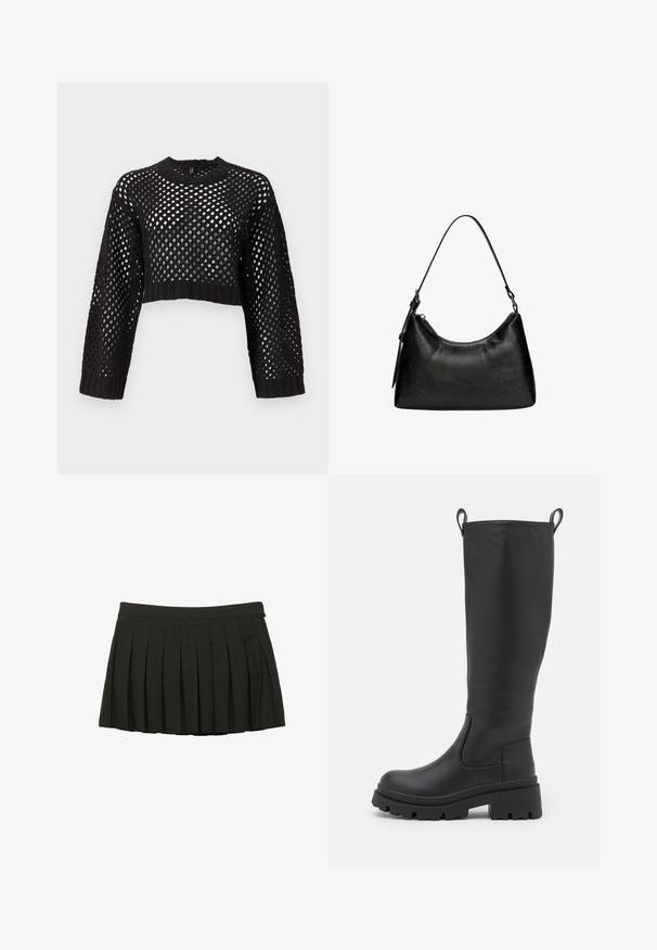 Cămașă din piele neagră cu un aspect dublu, guler mare, curea în talie și mansete cu nasturi. Textură netedă.; Pulover scurt negru cu design din plasă deschisă, mâneci lungi, manșete și tiv cu model cu nervuri, cu guler rotund și suprafață texturată.; Fustă mini plisată neagră cu talie ajustată și închidere cu fermoar pe lateral, prezentată pe un fundal alb.; Botine negre până la genunchi, din piele netedă, cu o talpă groasă și un toc ușor. Au taburi pentru tragere și panouri elastice pe laterale pentru o îmbrăcare ușoară.; Geantă din piele sintetică neagră, cu o formă curbată, mână scurtă, închidere cu fermoar și un model texturat subtil pe suprafață.