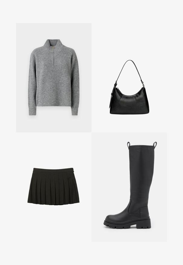 Zwarte leren trenchcoat met een dubbelknoopsluiting aan de voorkant, grote revers, riem in de taille en knoopmanchetten. Glad materiaal.; Grijze gebreide trui met een hoge kraag, halve rits, ribbelstructuur en lange mouwen. Bevat een ronde gouden accent bij de rits.; Zwarte geplooide mini-jurk met een aansluitende tailleband en zijritssluiting, weergegeven op een witte achtergrond.; Zwarte kniehoge laars van soepel leer met een chunky zool en een lichte hak. Voorzien van trekbanden en elastische zijpanelen voor gemakkelijk aan- en uittrekken.; Zwarte synthetische leren handtas met een gebogen vorm, korte handgreep, ritssluiting en een subtiel textuurpatroon op het oppervlak.