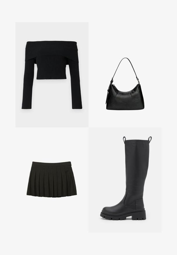 Crni kožni plašt s dvostrukim kopčanjem sprijeda, velikim reverima, remenom u struku i dugim rukavima s gumbima. Glatka tekstura.; Crni, jednogrameni, rebrasti pulover s dugim rukavima; skraćeni dizajn i teksturirana tkanina. Bez ukrasa ili uzoraka.; Crna plisirana mini suknja s prilagođenim pojasom i bočnim zatvaračem, prikazana na bijeloj pozadini.; Crne čizme do koljena napravljene od glatke kože s debelim đonom i malim potpeticama. Imaju kuku za lako oblačenje i elastične bočne panele.; Crna torba od sintetičke kože s zakrivljenim oblikom, kratkom drškom, zatvaranjem na patentni zatvarač i suptilnim teksturiranim uzorkom na površini.