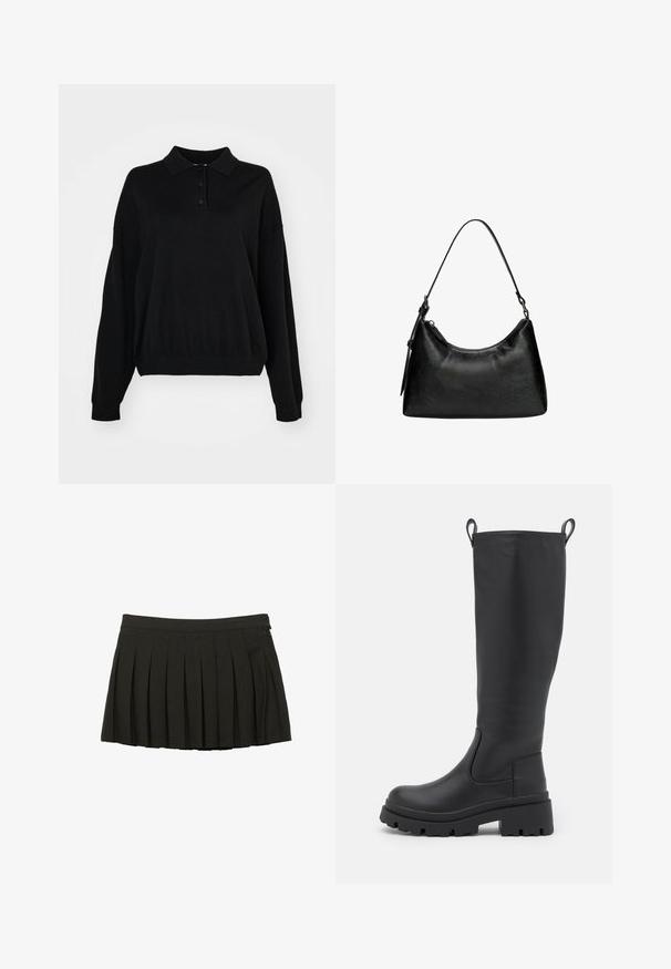 Fekete bőr trench kabát dupla gombolású elülső résszel, nagy hajtókákkal, derékon övvel és gombos mandzsettával. Sima textura.; Fekete pulóver, galléros nyakkal, három gombbal és laza ujjal. Texturált anyagból készült, bordázott szegéllyel.; Fekete plissé mini szoknya férfias derékpánttal és oldalsó cipzárral, fehér háttérrel bemutatva.; Fekete, térdig érő csizma sima bőrből, vastag talppal és enyhe sarokkal. Húzófülekkel és rugalmas oldalsó panellel a könnyű felhúzás érdekében.; Fekete szintetikus bőr kézitáska, ívelt formával, rövid fogantyúval, cipzáras zárással és finom textúrázott mintával a felületén.