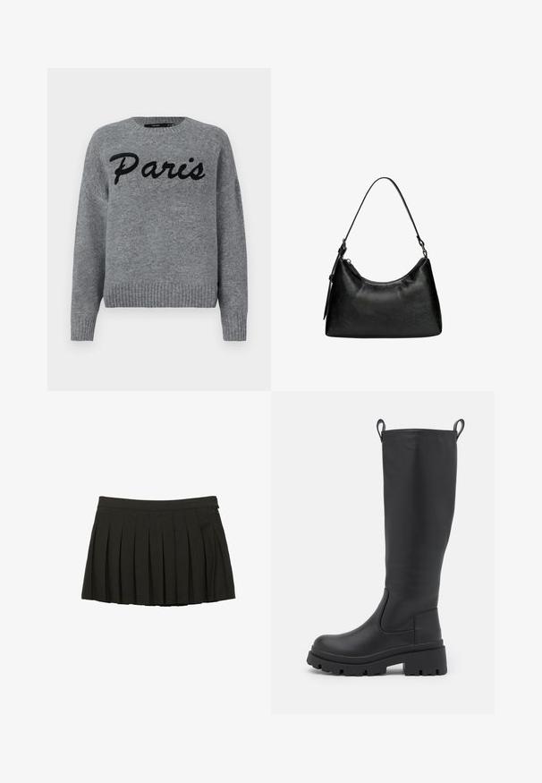 Czarny skórzany płaszcz trencz z podwójnym zapięciem, dużymi klapami, paskiem w talii i mankietami zapinanymi na guziki. Gładka faktura.; Szary sweter z dzianiny z prążkowanym wykończeniem u dołu i na mankietach, z haftowanym napisem "Paryż" w kolorze czarnym na przodzie.; Czarna, plisowana mini spódnica z dopasowanym paskiem w talii i zamkiem błyskawicznym z boku, wyeksponowana na białym tle.; Czarne, sięgające do kolan botki z gładkiej skóry, z masywną podeszwą i niewielkim obcasem. Posiadają uchwyty do zakupu oraz elastyczne boczne panele, co ułatwia ich zakładanie.; Czarna torebka z syntetycznej skóry o zaokrąglonym kształcie, z krótkim uchwytem, zamykana na zamek błyskawiczny, z delikatnym teksturowanym wzorem na powierzchni.