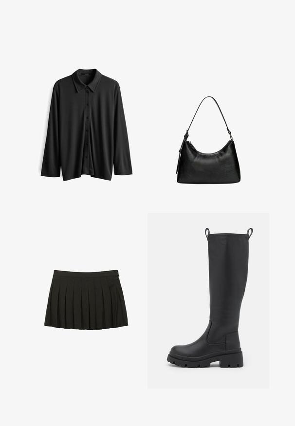 Black leather trench coat with a double-breasted front, large lapels, belt at the waist, and buttoned cuffs. Smooth texture.; Black long-sleeve button-up shirt with a collar, made of smooth fabric, featuring a straight cut and visible button closure down the front.; Black pleated mini skirt with a fitted waistband and side zipper closure, displayed on a white background.; Black knee-high boot made of smooth leather with a chunky sole and slight heel. Features pull tabs and elastic side panels for easy wear.; Black synthetic leather handbag with a curved shape, short handle, zipper closure, and subtle textured pattern on the surface.