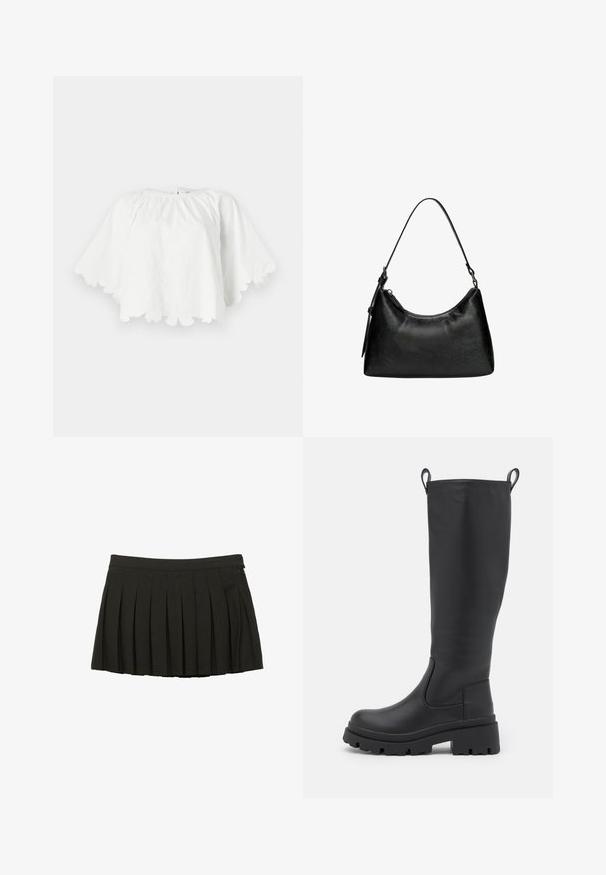 Svart läder trench coat med dubbelknäppt front, stora slag, bälte i midjan och knappade manschetter. Slät textur.; Vit bomullstopp med rund halsringning och korta, utställda ärmar. Vågig fåll med blommig broderi som skapar en strukturerad design.; Svart plisserad kort kjol med en åtsittande midja och sidodragkedjestängning, visad mot en vit bakgrund.; Svart knähög stövel i slät läder med en kraftig sula och lätt klack. Har dragflikar och elastiska sidopanels för bekväm påtagning.; Svart syntetläderhandväska med en böjd form, kort handtag, dragkedjestängning och subtilt texturerat mönster på ytan.