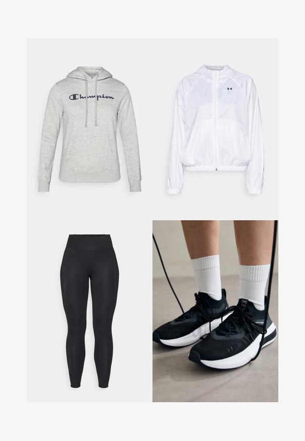 Fehér kapucnis dzseki könnyű anyagból, rugalmas mandzsettákkal és derékpánttal. Hosszú cipzárral és logódísszel a mellkason.; Szürke kapucnis pulóver húzózsinórral, elülső zsebbel és tengerészkék hímzett "Champion" logóval a mellkason. Puha szövettextúra.; Fekete leggings rugalmas anyagból, magas derékkal, keskeny lábszárral és mandzsettás szegéllyel, sima, matt felülettel.; Fekete sportcipők textúrált anyagból, fehér talppal és fekete fűzőkkel. Fehér bordázott zoknikkal viselve, világos felületen állva.