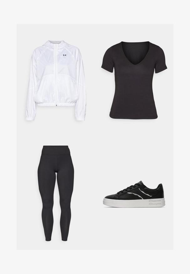 Giacca bianca con cappuccio realizzata in tessuto leggero, con polsini e vita elasticizzati. Presenta una zip a tutta lunghezza e un dettaglio del logo sul petto.; T-shirt nera a maniche corte con scollatura a V, realizzata in tessuto morbido, che presenta una silhouette aderente e un orlo pulito e senza cuciture.; Leggings neri a vita alta con una texture liscia, design aderente e senza motivi o accenti visibili. Cuciture rinforzate lungo i bordi.; Sneaker nera in pelle con suola bianca, caratterizzata da sottili accenti argentati e design con lacci. Texture liscia con dettagli brandizzati sul tallone.