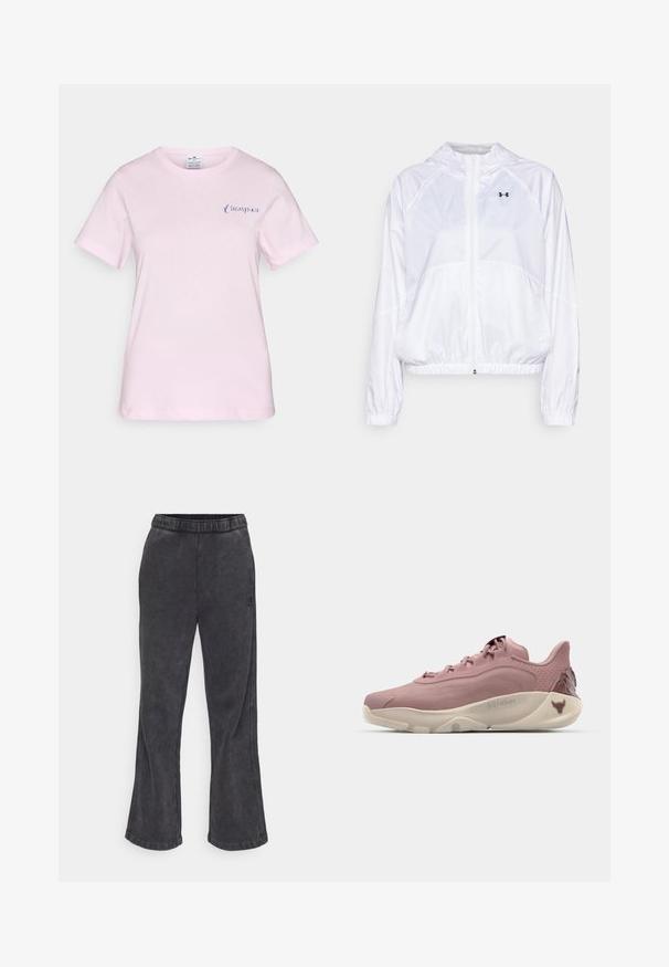 Bílá kapucňová bunda vyrobená z lehkého materiálu s elastickými manžetami a pasem. Obsahujezip s plnou délkou a detail s logem na hrudi.; Růžové bavlněné tričko s krátkým rukávem, na levé části hrudi s jemným modrým logem "Champion" a s kulatým výstřihem.; Zúžené tepláky ve tmavě šedé látce s měkkou texturou. Obsahují elastický pas a vyšívané logo na boku.; Světle růžové sportovní boty s hladkým svrškem, texturovanými akcenty, krémovou podešví a logem na patě.