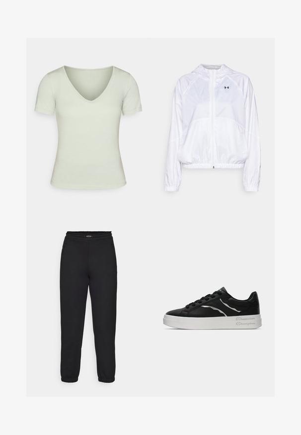 Fehér kapucnis dzseki könnyű anyagból, rugalmas mandzsettákkal és derékpánttal. Hosszú cipzárral és logódísszel a mellkason.; Világos zöld V nyakú póló, rövid ujjú, testhezálló kialakítással, sima textúrával és minimális varrási részletekkel. Puha, laza stílus.; Champion C-TECH CUFFED PANTS INTERLOCK - Tréningruha alsók - black; Fekete bőr sportcipő fehér talppal, vékony ezüst akcentusokkal és fűzős kialakítással. Sima textúra, márkázott részletekkel a sarkán.