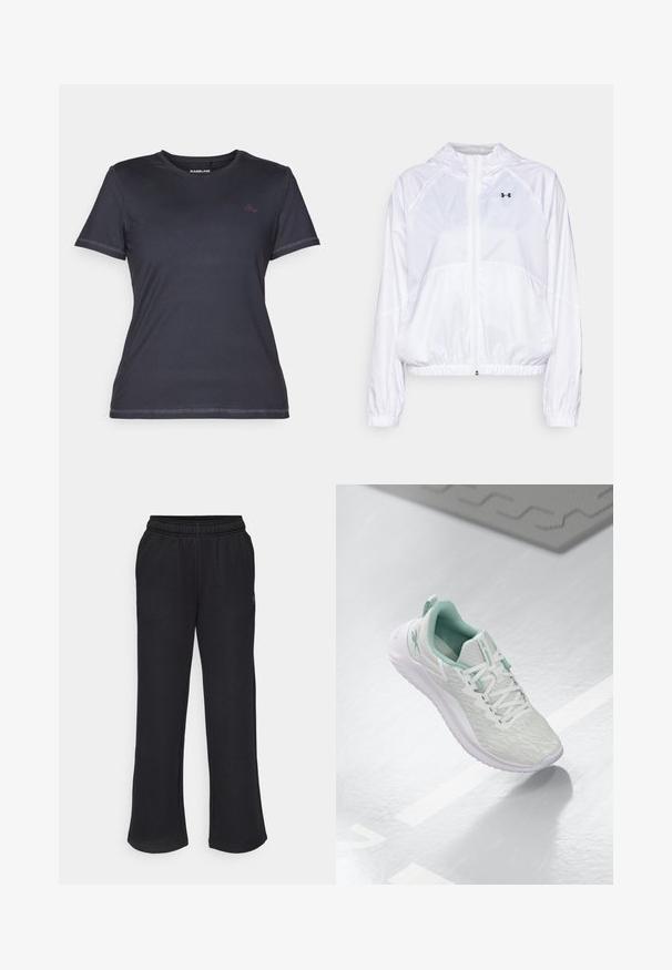 Bílá kapucňová bunda vyrobená z lehkého materiálu s elastickými manžetami a pasem. Obsahujezip s plnou délkou a detail s logem na hrudi.; Tričko s krátkým rukávem a kulatým výstřihem v tmavě námořnické barvě s hladkým povrchem a kontrastním růžovým logem na hrudi.; Černé tepláky s rozšířeným střihem, elastickým pasem a bočními kapsami. Vyrobené z měkké tkaniny bez viditelných vzorů nebo akcentů.; Světle šedá sportovní obuv s texturovaným pleteným svrškem, mátově zelenými akcenty, bílými tkaničkami, gumovou podrážkou a poutkem na patě.