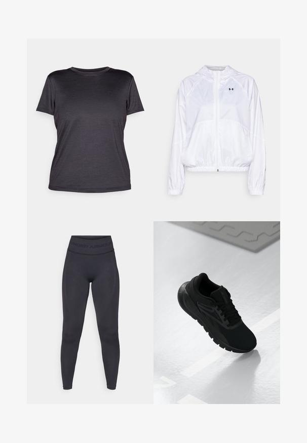 Bílá kapucňová bunda vyrobená z lehkého materiálu s elastickými manžetami a pasem. Obsahujezip s plnou délkou a detail s logem na hrudi.; Šedé tričko s krátkým rukávem vyrobené z lehkého materiálu, s kulatým výstřihem, hladkou texturou a jemným logem na hrudi.; Černé legíny s vysokým elastickým pasem, na kterém je nápis "UNDER ARMOUR". Hladká textura s jemnými vzory podél nohou.; Černá sportovní obuv s prodyšným svrškem, kulatou špičkou, polstrovanou podrážkou a strukturovanými detaily, umístěná na hladkém bílém povrchu.
