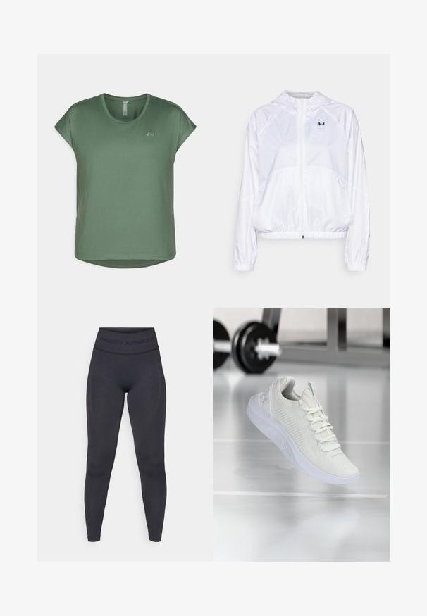 Balts kapucēts jaka, izgatavota no viegla auduma ar elastīgām aprocēm un jostu. Aprīkota ar pilna garuma rāvējslēdzēju un logo detaļu uz krūšu.; Zaļš īsām piedurknēm krekls ar apaļu kaklu, mīkstu audumu, brīvu piegriezumu un smalku logotipa detaļu uz priekšpuses.; Melni legingi ar augstu elastīgu jostasvietu, uz kuras ir teksts "UNDER ARMOUR". Gluda tekstūra ar smalkiem raksta akcentiem gar kājām.; Baltas sporta apavi ar teksturētu sietu augšdaļu un sasiešanas sistēmu, ar mīkstu baltu zoli un smalkiem ribotiem akcentiem.