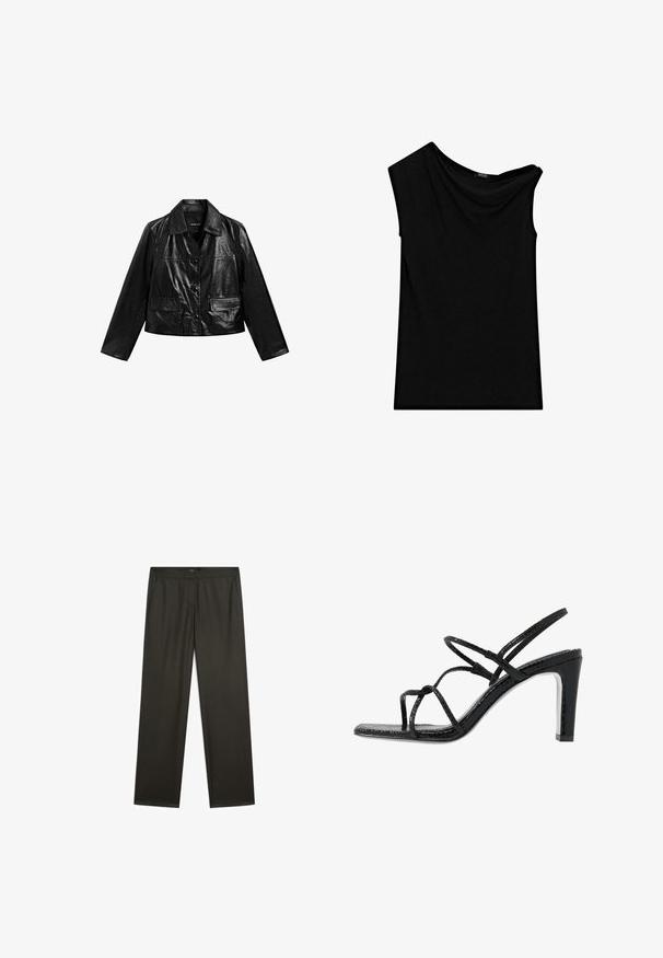Zwarte leren cropped jack met een kraag, knoopsluiting en twee zakken aan de voorkant. Gladde textuur en glanzende afwerking.; Zwarte mouwloze top van zachte stof, met een asymmetrische halslijn en gedrapeerde details aan één kant. Glad textuur, taillerende pasvorm.; Donkergroene, wijde broek met een gladde textuur, elastische tailleband en zijzakken. Eenvoudig ontwerp zonder zichtbare patronen of hardware.; Zwarte hoge sandalen met dunne banden, een gestructureerde afwerking, open teen en een slank, puntig hakontwerp. Beschikt over een gladde inlegzool en een glanzend oppervlak.