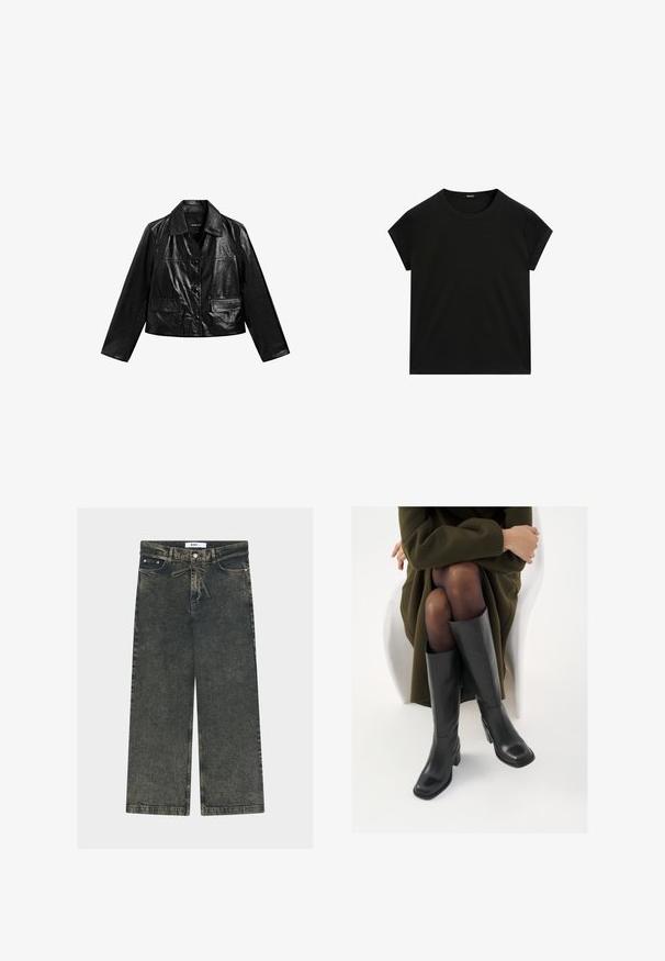 Sort croppet læderjakke med krave, knaplukning og to lommer foran. Glat tekstur og skinnende finish.; Sort kortærmet T-shirt med rund hals og lige kant, præsenteret fladt på en hvid baggrund.; Vidbenede jeans i mørkegrå denim med en tekstureret finish, med knaplukning, bæltestropper og forlommer.; Knæhøje sorte læder støvler med firkantet tå og blokhæl, vist med en model siddende i en olivengrøn frakke. Glat tekstur, minimal detaljer.