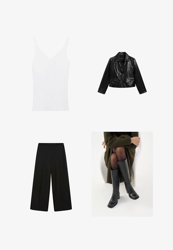 Black leather cropped jacket with a collared neckline, button closure, and two front pockets. Smooth texture and shiny finish.; White tank top with thin straps, V-neckline, fitted design, and ribbed texture. Material appears soft and lightweight.; Black wide-leg trousers made of soft fabric, featuring a high waist and pleats, with a smooth texture and no visible embellishments.; Knee-high black leather boots with a squared toe and block heel, shown with a model seated in an olive green coat. Smooth texture, minimal detailing.