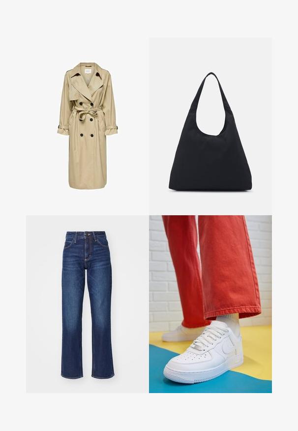 Casaco trench bege com um design de duplo peito, grande gola e cinto. Apresenta mangas longas com punhos ajustáveis e bolsos laterais.; Suéter branco de gola alta em malha trançada, com uma silhueta cropped, apresentando punhos e bainha canelados. Textura suave com um design confortável e volumoso.; Uns calças de ganga de denim azul escuro com cintura alta, corte largo, desgaste subtil e costura em contraste. Fecho com botão de metal e fecho éclair.; Sapatilha de couro branca com biqueira perfurada, sola texturizada e atacadores brancos, combinada com calças largas vermelhas e um fundo azul e amarelo.; Saco de tecido preto com uma única alça larga. Forma suave e semi-estruturada, com textura lisa; design minimalista, sem hardware visível.