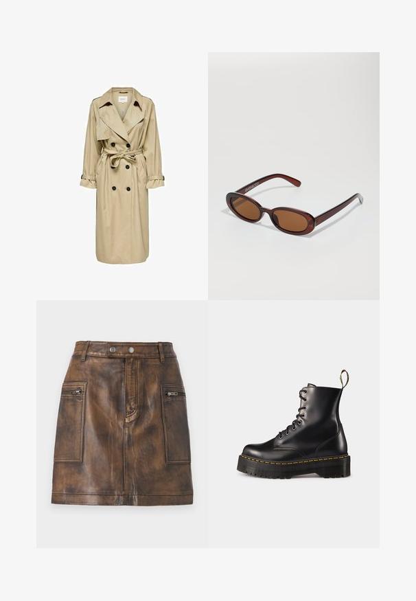 Beige trenchcoat med dobbeltradet design, stor krage og belte. Har lange ermer med justerbare mansjetter og sidelommer.; Hvit strikket genser med V-hals og lange ermer. Har et teksturert diamantmønster og en liten logo på venstre bryst.; Brun skinnskjørt med høy midje, frontlommer med glidelås og en jevn tekstur med subtile variasjoner for dybde.; Svart lær snørebånd ankelskinnsko med en kraftig svart såle og gule sting. Har en pull-tab bak og runde metalløyer.; Runde, brune solbriller med en blank burgunderfarvet ramme. Slanke arme med subtile brandingdetaljer. Flad linse design.; Svart vevd tote-veske med to solide håndtak, med en blank tekstur og et romslig design med åpen topp.