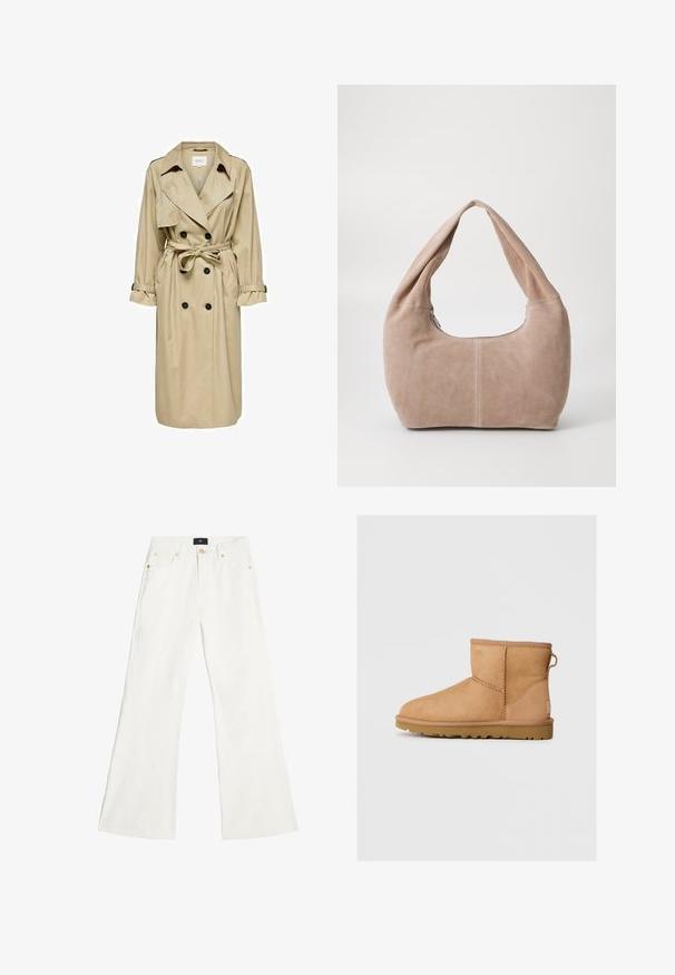 Trench coat beige con design doppiopetto, ampio colletto e cintura. Presenta maniche lunghe con polsini regolabili e tasche laterali.; Maglione bianco lavorato a maglia con scollatura a V e maniche lunghe. Presenta un motivo a diamante testurizzato e un piccolo logo sul lato sinistro del petto.; Jeans bianchi a gamba larga in denim, con un classico design a cinque tasche, accessori in tono oro e vita media.; Stivali ankle in suede color tan con punta tonda, dettagli cuciti, linguetta sul retro e suola in gomma texture. Progettati per comfort e calore.; Borse hobo realizzata in morbido materiale scamosciato di colore beige chiaro. Caratterizzata da una forma arrotondata con una tracolla ampia e chiusura con zip.