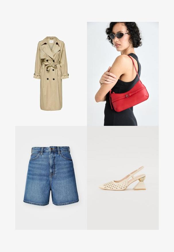 Beżowy płaszcz trench z podwójnym zapięciem, dużym kołnierzem i paskiem. Posiada długie rękawy z regulowanymi mankietami oraz kieszeniami bocznymi.; Biała koronkowa bluzka z okrągłym dekoltem, krótkimi puffowanymi rękawami i kwiatowym wzorem. Zawiera zapięcie na guziki i przezroczysty materiał.; Jasnoniebieskie szorty dżinsowe w klasycznym kroju, z przednimi kieszeniami, zapinane na zamek błyskawiczny oraz z detalami stębnowania na dole.; Beżowe buty typu slingback z perforowaną cholewką, spiczastym noskiem i kontrastowym trójkątnym obcasem z złotym akcentem. Całość ma gładką fakturę.; Czerwona skórzana torba na ramię o gładkiej teksturze, zakrzywionym kształcie i dekoracyjnym zapięciu w formie klamry. Regulowany pasek i zamek błyskawiczny.
