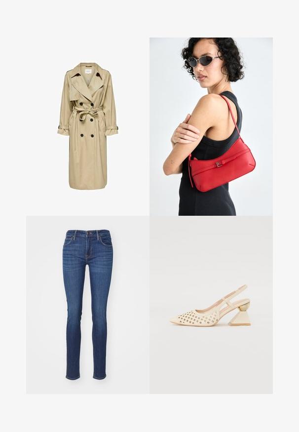 Bežani trench kaput s dvostrukim kopčanjem, velikim ovratnikom i remenom. Ima dugačke rukave s podesivim manžetama i bočne džepove.; Bijela čipkana bluzica s okruglim izrezom, nabranim kratkim rukavima i cvjetnim uzorkom. Ima kopčanje na gumb i prozirnu tkaninu.; Uske trim kroja plave traperice s klasičnim dizajnom od pet džepova, srednjim strukom i suptilnim detaljima šivanja na manžetama i džepovima.; Bež sandala s perforiranim gornjim dijelom, šiljastim nosom i kontrastnom trokutastom potpeticom s zlatnim naglaskom. Cjelokupna površina je glatka.; Crvena kožna torba preko ramena s glatkom teksturom, zakrivljenim dizajnom i dekorativnom kopčom. Podesivi remen i zatvaranje na patentni zatvarač.
