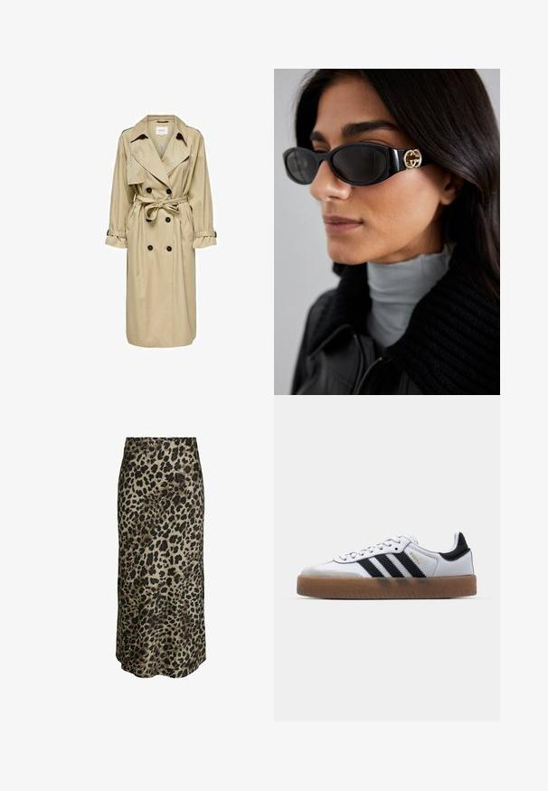 Trench coat beige con design doppiopetto, ampio colletto e cintura. Presenta maniche lunghe con polsini regolabili e tasche laterali.; Camicia bianca con colletto a punta, maniche lunghe e un piccolo logo blu sul lato sinistro del petto. Realizzata in tessuto di cotone.; Gonna midi con stampa leopardata in tessuto setoso. Caratterizzata da una superficie liscia, sfondo beige neutro con macchie marroni scure e nere.; Sneakers bianchi in pelle con strisce nere, suola in gomma naturale, punta tonda, chiusura con lacci e cappuccio in suede grigio morbido.; Occhiali da sole neri con una montatura rettangolare elegante e un accento del logo dorato sul lato. Le lenti scure e la finitura lucida sono evidenti.; Borsa a tracolla in pelle bianca con chiusura in tonalità oro, dettagli neri, tracolla removibile e design strutturato con chiusura a pattina.