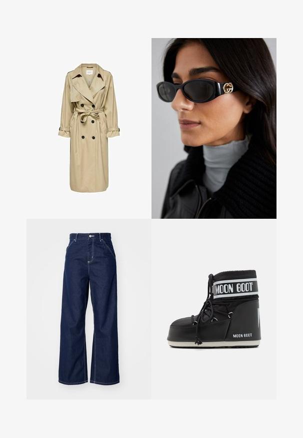 Beige trenčkot s dvojitým zapínáním, velkým límcem a páskem. Má dlouhé rukávy s nastavovacími manžetami a boční kapsy.; Bílá košile na knoflíky s špičatým límcem, dlouhými rukávy a malým modrým logem na levé straně hrudi. Vyrobena z bavlněné tkaniny.; Široké džíny v tmavě modrém denimovém provedení s vysokým pasem, kontrastním bílým šitím a tradičním designem pěti kapes.; Černé Moon Boots s polstrovanou svrškem, upevněné tkaničkami a výrazným bílým pruhem s logem. Tlustá, texturovaná gumová podrážka.; Černé sluneční brýle s elegantním obdélníkovým rámem a zlatým logem na boční straně. Tmavé čočky a lesklý povrch jsou výrazné.; Černá prošívaná kabelka se zlatým řetízkovým popruhem, s výraznou zlatou sponou a malou visačkou, která se pyšní texturovaným koženým povrchem.