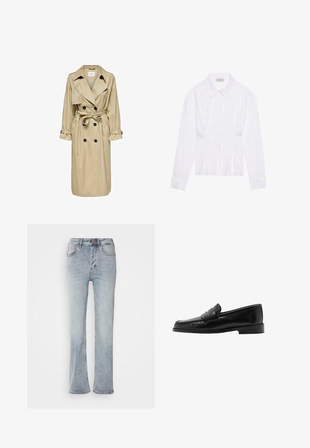 Trench coat beige con design doppiopetto, ampio colletto e cintura. Presenta maniche lunghe con polsini regolabili e tasche laterali.; Blusa bianca a maniche lunghe con colletto classico, chiusura frontale con bottoni e dettaglio arricciato sui lati. Tessuto liscio con una forma sartoriale.; Jeans in denim azzurro chiaro con vita alta, design a gamba dritta e leggero svaso all'orlo. Presentano dettagli di cucitura e chiusura a zip.; Mocassino in pelle nera con silhouette curva, fascetta decorativa, cuciture texture e suola in gomma piatta. Finitura liscia e design elegante.