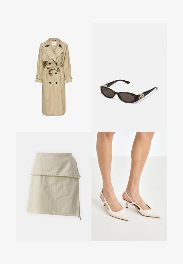 Beige trenchcoat met een dubbelzijdig ontwerp, grote kraag en riem. Heeft lange mouwen met verstelbare manchetten en zijzakken.; Blauw gestreepte overhemden met kraag, lange mouwen en een afgeronde zoom. De stof lijkt glad en lichtgewicht. Knopsluiting aan de voorkant.; Beige wikkelrok gemaakt van katoen, met een gelaagd ontwerp, rafelige zoom en zijsstrikken voor een verstelbare pasvorm. Vlotte textuur overal.; Beige gepatineerde leren slingback hakken met een spitze neus en een hak van 5 cm, met uitsparingen aan de zijkanten en een dunne enkelband.; Schildpadbril met langwerpige ovale lenzen, bruine tint, gouden logo-accenten op de pootjes en slanke zwarte armen.