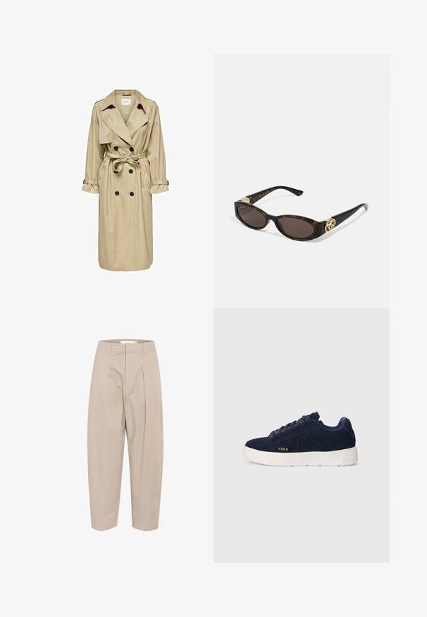 Beżowy płaszcz trench z podwójnym zapięciem, dużym kołnierzem i paskiem. Posiada długie rękawy z regulowanymi mankietami oraz kieszeniami bocznymi.; Niebieska koszula z długim rękawem, w paski, z kołnierzykiem i zaokrąglonym dołem. Materiał wydaje się gładki i lekki. Zapięcie na guziki z przodu.; Beżowe spodnie z mieszanki bawełny o luźnym kroju, z przodu z zakładkami, z elastycznym pasem i skróconymi nogawkami. Prosty design, bez wzorów i akcentów.; Granatowe zamszowe trampki z białą gumową podeszwą. Charakteryzują się zaokrąglonymi sznurowadłami, niskoprofilowym designem oraz małym złotym logo z boku.; Słoneczne okulary w kolorze żółwi z wydłużonymi owalnymi soczewkami, brązowym odcieniem, złotymi akcentami logo na zausznikach oraz smukłymi czarnymi ramionami.