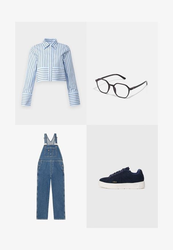 Beige trenčkot s dvojitým zapínáním, velkým límcem a páskem. Má dlouhé rukávy s nastavovacími manžetami a boční kapsy.; DAY Birger et Mikkelsen MAX CONTEMPORARY STRIPE - Košilová halenka - serenity; Džínové šortky s nastavitelnými ramínky, V-čelním laclem, přední kapsou a bočními kapsami. Mají klasickou modrou barvu a kontrastní šití.; Navy modré semišové tenisky s bílou gumovou podrážkou. Mají zaoblené šňůrky, nízký profil a malé zlaté logo na boku.; Černé plastové brýle s osmiúhelníkovým rámem, obsahující čiré čočky a stříbrné kovové detaily na přední části a na spáncích.