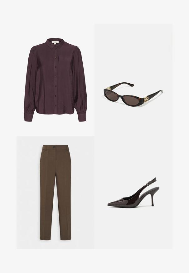 Beige Trenchcoat mit doppelt geknöpftem Design, großem Kragen und Gürtel. Verfügt über lange Ärmel mit verstellbaren Manschetten und seitlichen Taschen.; Pflaumenfarbene Bluse aus einem glänzenden, leichten Stoff. Hat eine knöpfbare Front, lange Ärmel mit gerafften Manschetten und einen klassischen Kragen.; Gerade geschnittene braune Hosen mit Gürtelschlaufen und einem einzelnen Frontknopfverschluss, auf einem weißen Hintergrund präsentiert.; Slingback-Pumps aus glänzendem dunklen braunen Lackleder, mit spitzer Zehenpartie, offenen Seiten und verstellbarem Knöchelriemen.; Schildpatt-Sonnenbrille mit länglich-ovalen Gläsern, braunem Farbton, goldenen Logo-Akzenten an den Bügeln und schlanken schwarzen Bügeln.