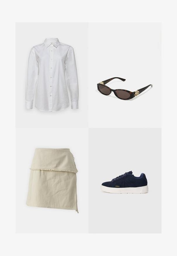 Bež plašč z dvojnim zapenjanjem, velikim ovratnikom in pasom. Ima dolge rokave z nastavljivimi manšetami in stranskima žepoma.; Bela srajca z dolgimi rokavi iz bombaža. Ima špicast ovratnik in sprednje zapiranje na gumb s usklajenimi gumbi. Gladka tekstura.; Bežna zavita krila iz bombaža, ki se ponaša s plastno zasnovo, raztrgano obrobje in stranskima vezaloma za prilagodljivo prileganje. Gladka tekstura po celi površini.; Mornarško modri usnjeni športni copat z belo gumijasto podlogo. Ima okroglice, nizko zasnovo in majhen zlat logotip na strani.; Kornjačaste sunčane naočale s izduženim ovalnim lećama, smeškim tonovima, zlatnim logotipom na drškama i elegantnim crnim rukohvatima.